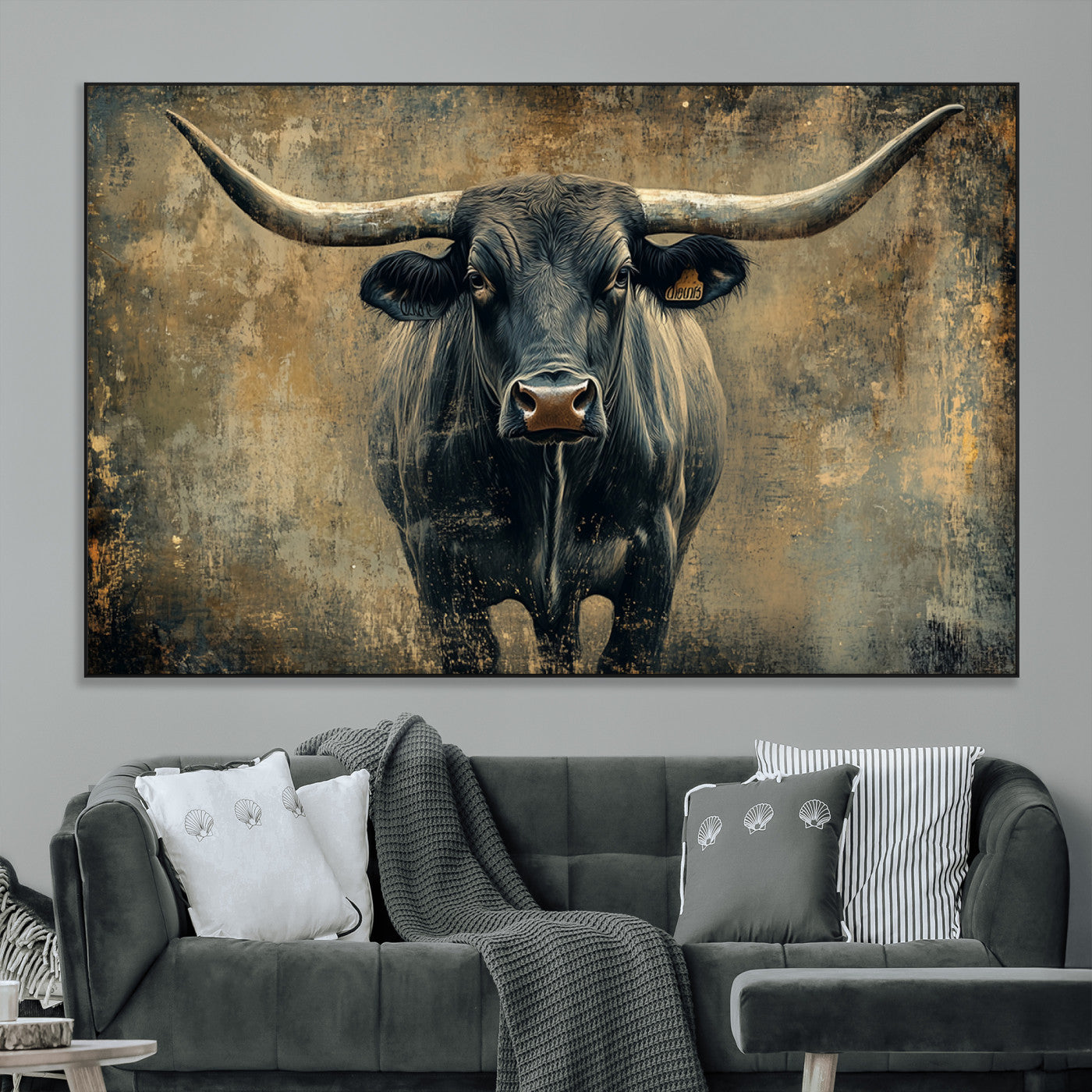 -Texas Longhorn Bull Wall Art – Framed Rustic Cow Canvas Print, Western Farmhouse Decor Artwork for Living Room or Office