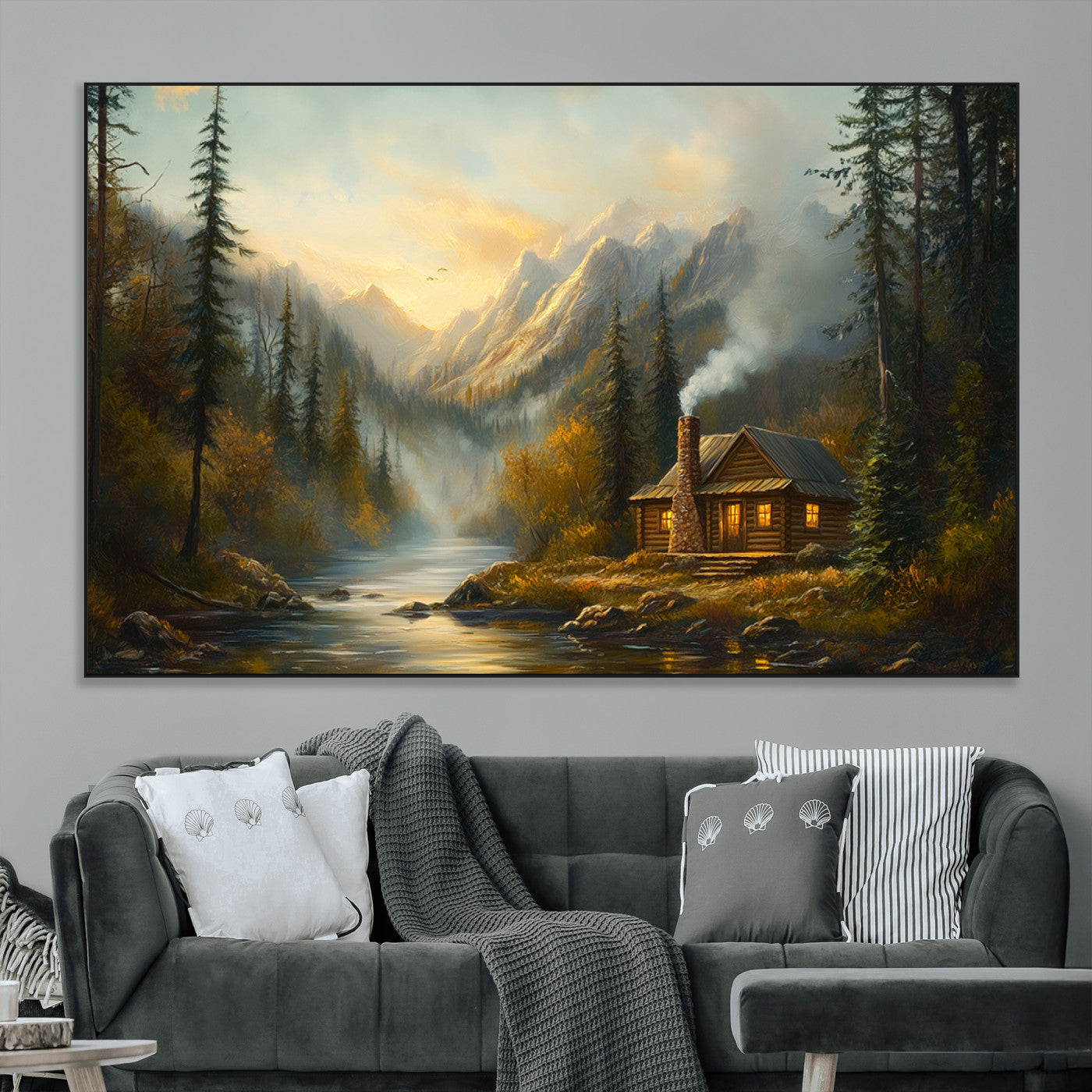 76464-MGV-CV-36X24-Wood Cabin Retreat Mountain at Sunset Wall Art Print - Serene Forest and River Landscape Wall Art
