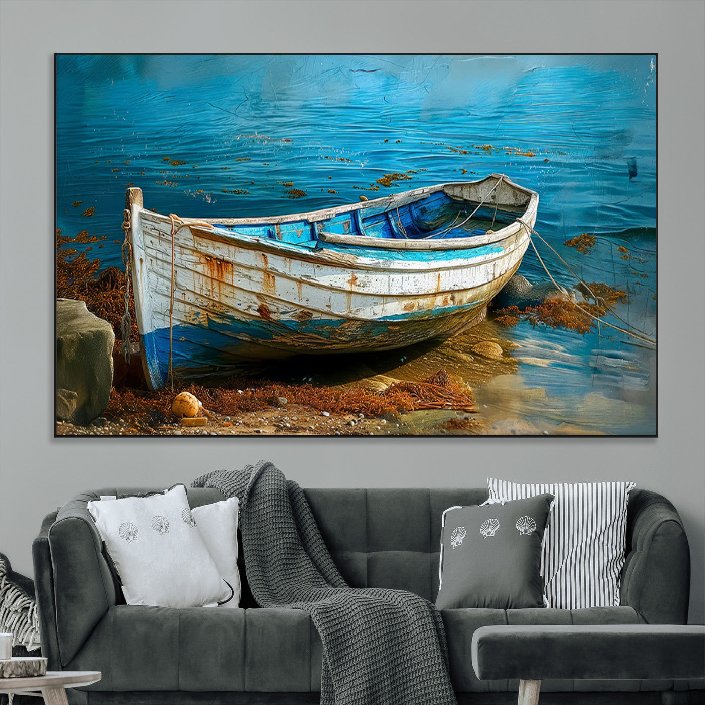 54716-MGV-CV-36X24-Vintage Boat on Tranquil Waters | Coastal Wall Art for Nautical Decor | Rustic Triptych Canvas Print