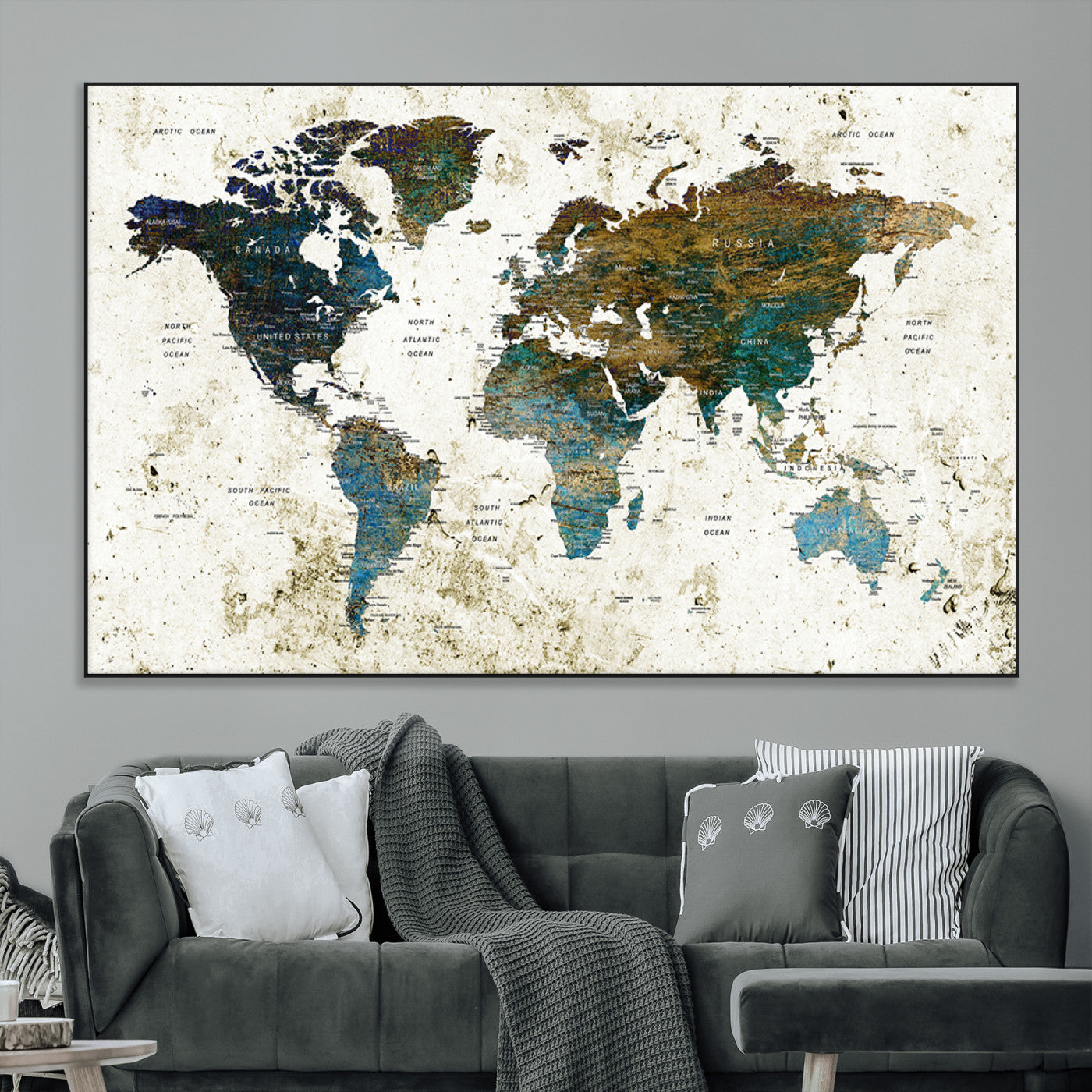 89176-MGV-CV-36X24-Vintage Blue and Brown World Map Canvas Wall Art – Framed Rustic Map Print, Earth Tone Travel Decor for Stylish Home and Office Walls