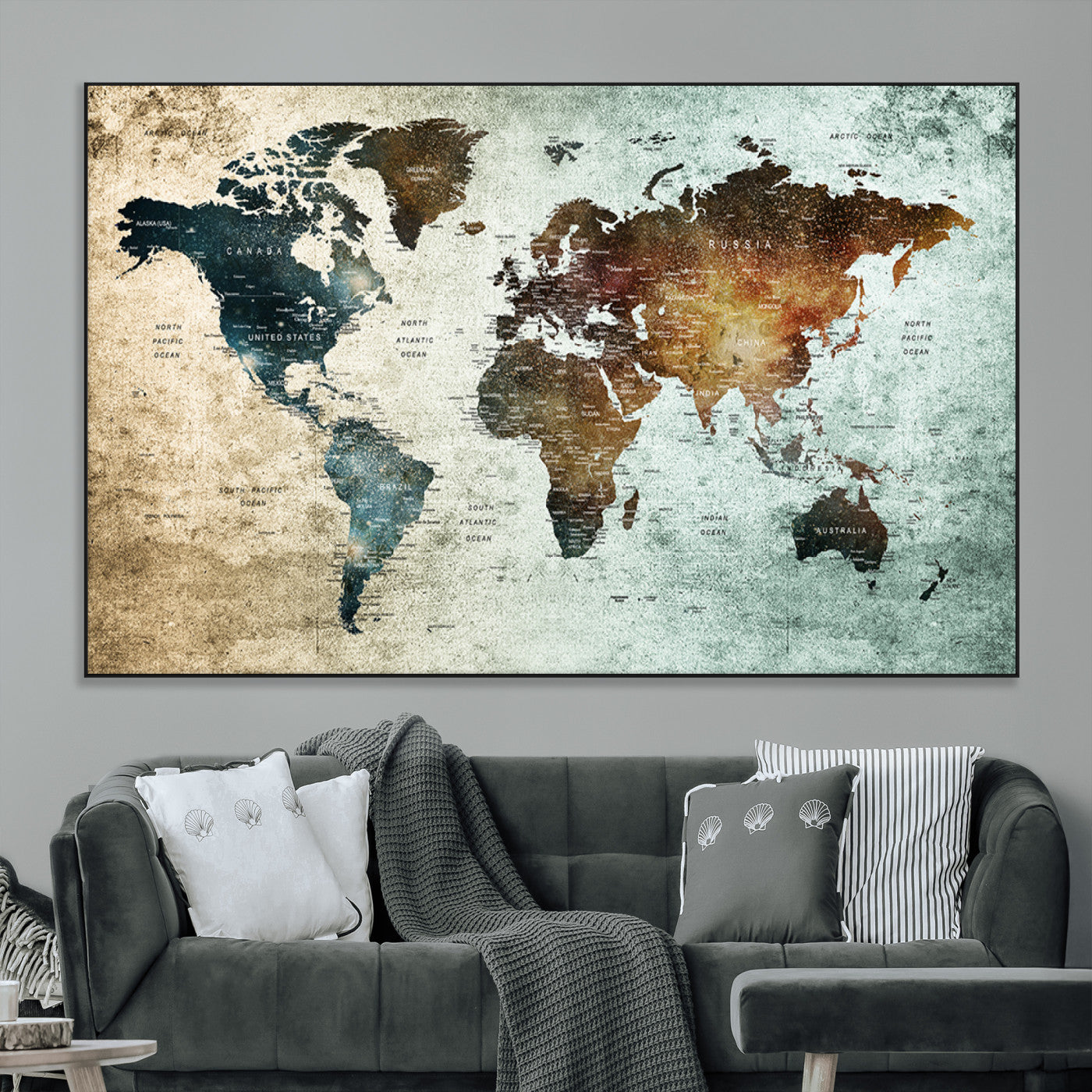 25140-MGV-CV-36X24-World Map Canvas Print – Framed Vintage Style Push Pin Wall Art, Elegant Travel Map Decor for Home or Office