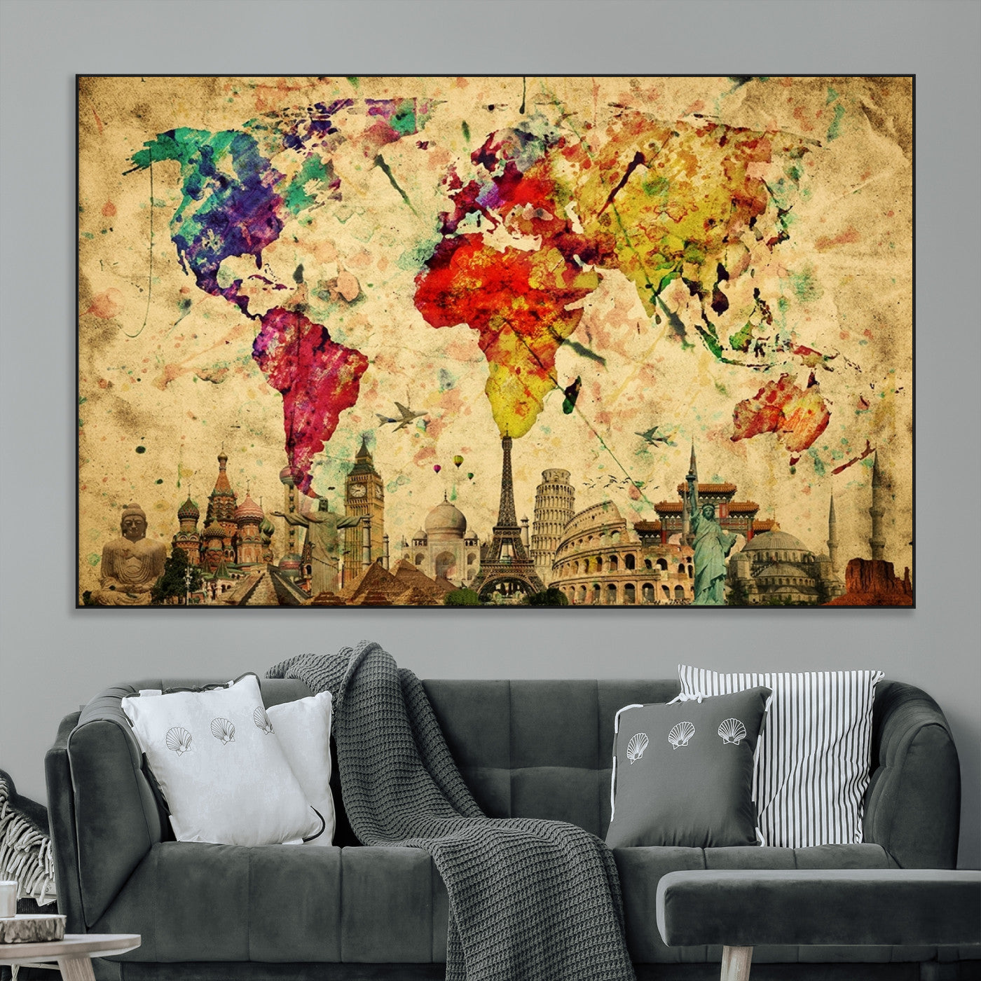24467-MGV-CV-36X24-Colorful Watercolor World Map Canvas Wall Art – Framed Landmark Travel Map Print, Vibrant Global Artwork for Home and Office Decor