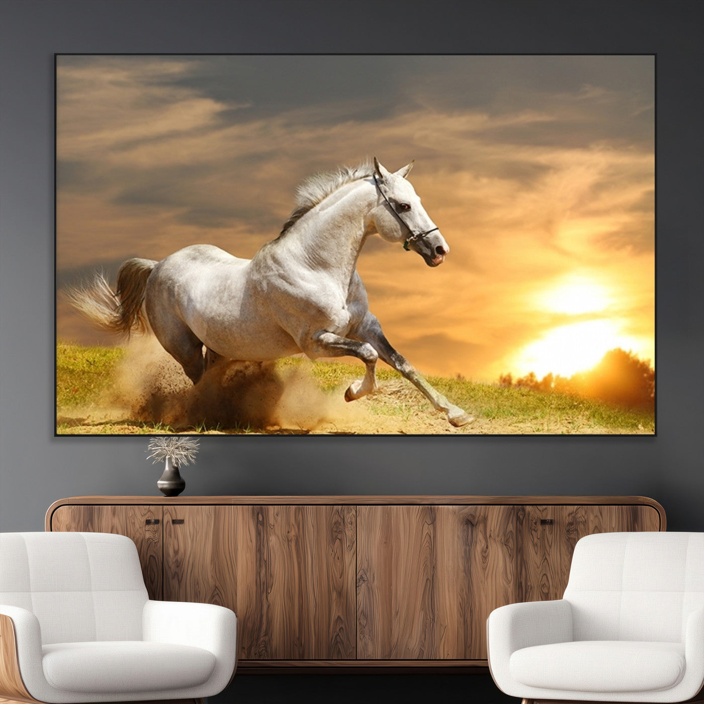 -Large Wall Art Galloping White Horse at Sunset Canvas Print