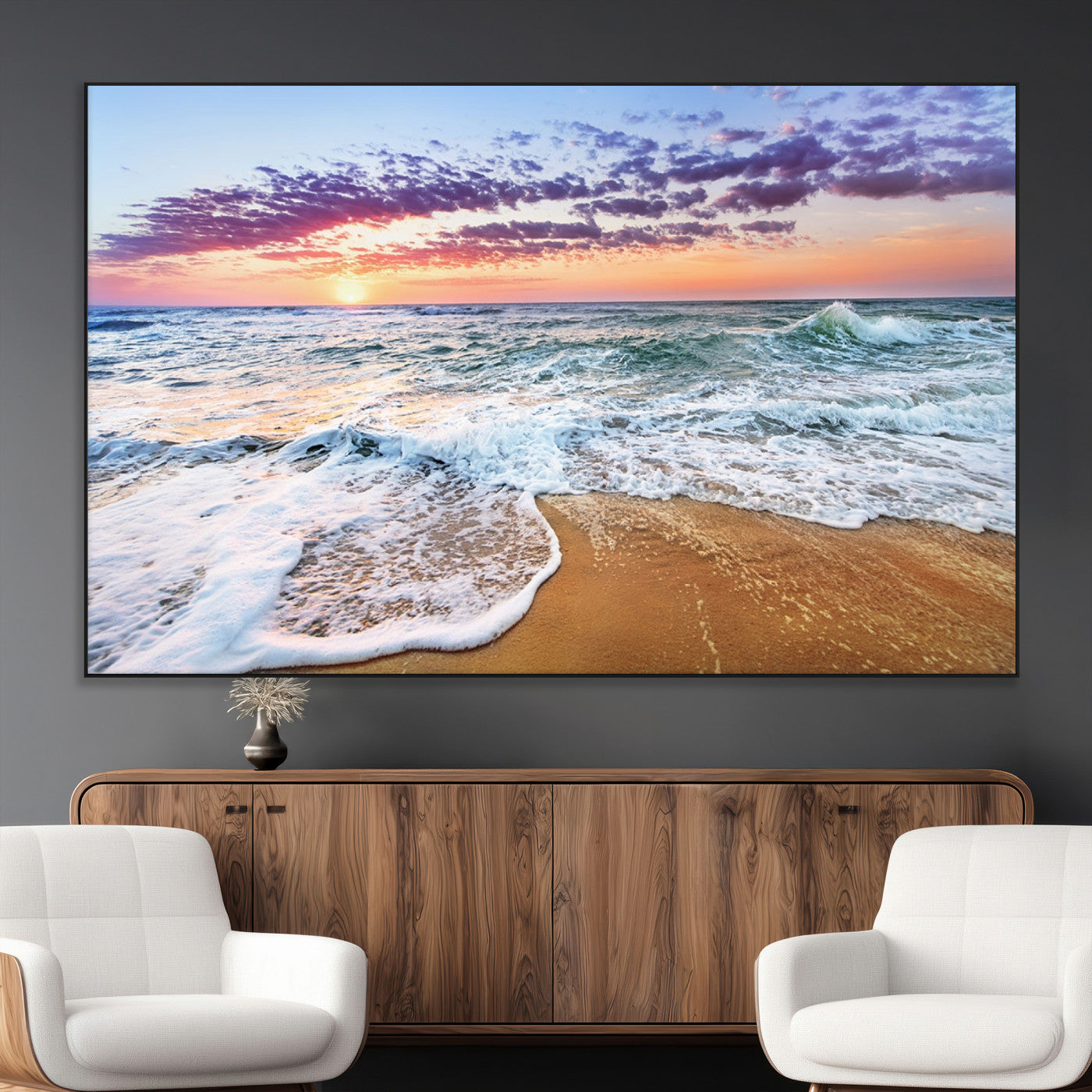 -Coastal Sunset Art Beach Canvas Wall Art Print | Ocean Waves Wall Art | Large 3-Panel Seascape for