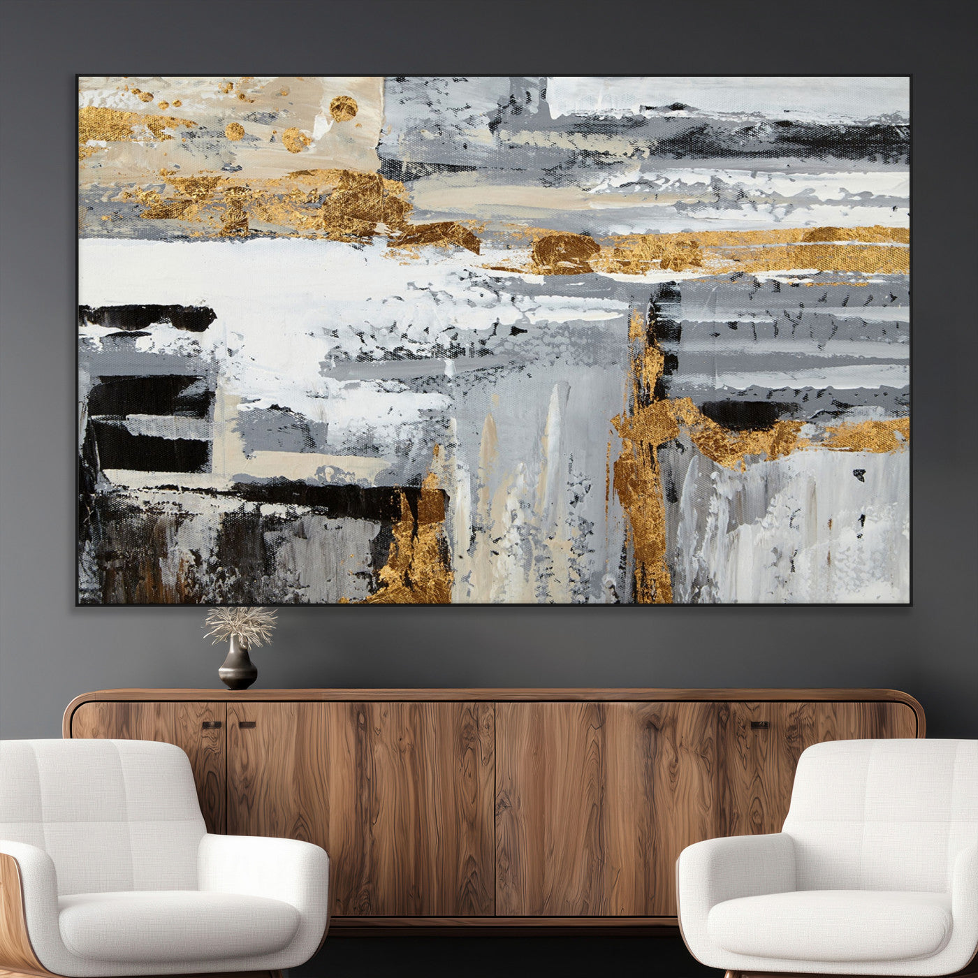 43177-MGV-CV-36X24-Abstract Painting Canvas Wall Art Print Paint Drip Art Brush Strokes Gray Artwork
