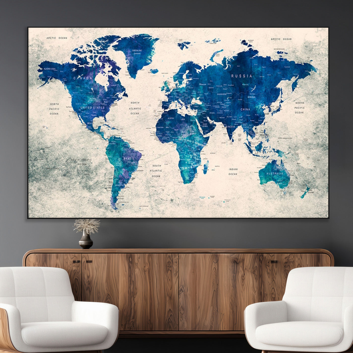 43947-MGV-CV-36X24-Blue Watercolor World Map Canvas Print – Framed Modern Wall Art, Elegant Push Pin Travel Map Decor for Home Office or Living Room
