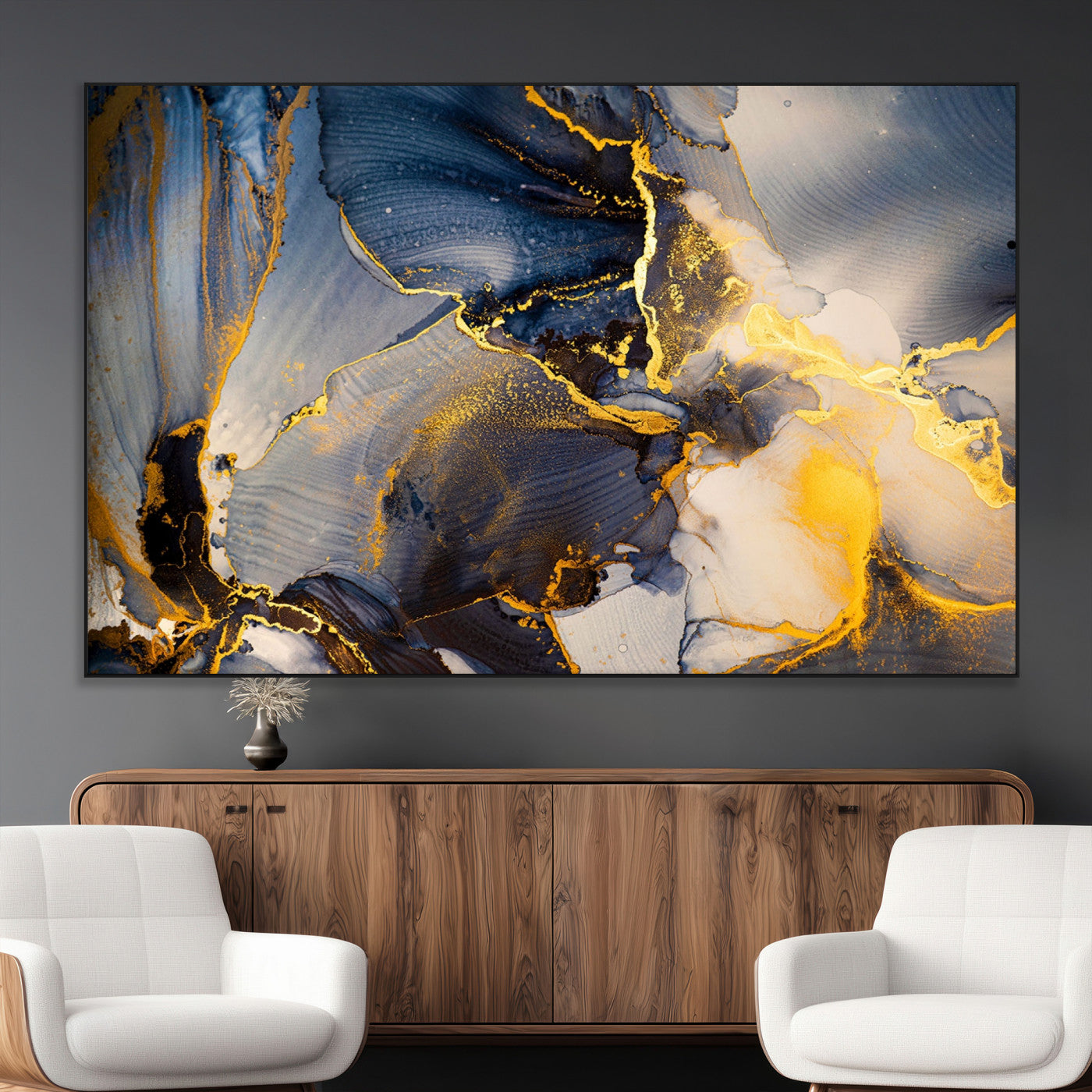 42100-MGV-CV-36X24-Large Abstract Wall Art Print - Gold and Blue Abstract Canvas Wall Art | Fluid Ink Modern Luxury