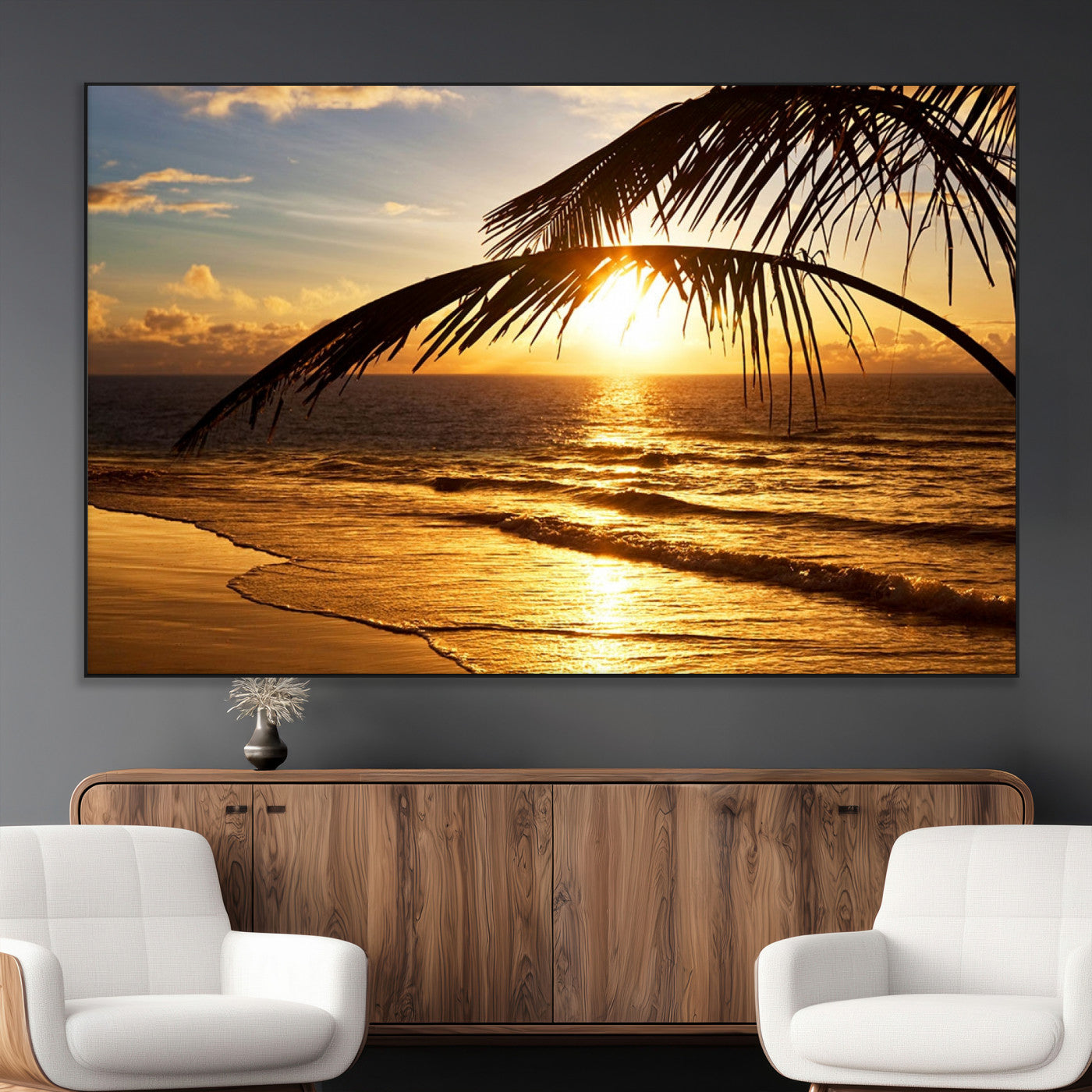 -Golden Tropical Beach Sunset Canvas Triptych, Coastal Palm Tree Wall Art, Ocean Shoreline Giclee