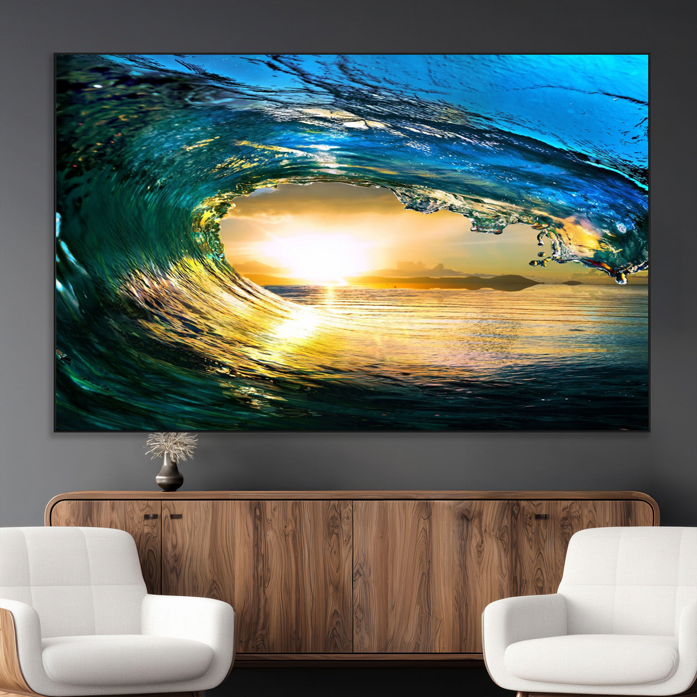 -Ocean Wave at Sunset Canvas Art, Large Wall Print of Vibrant Water Waves, Coastal Art for Living
