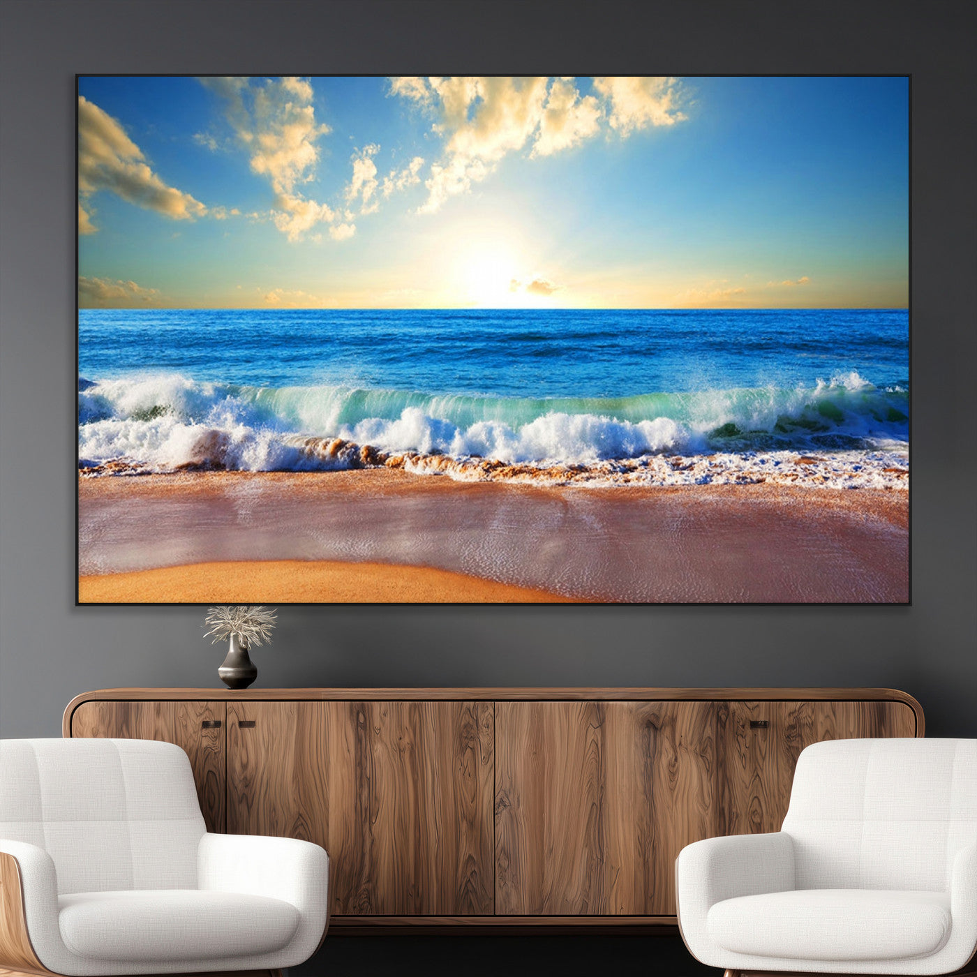 -Tropical Beach Sunset Canvas Art, Ocean Waves and Sandy Shoreline Wall Art, Large Beach Decor for