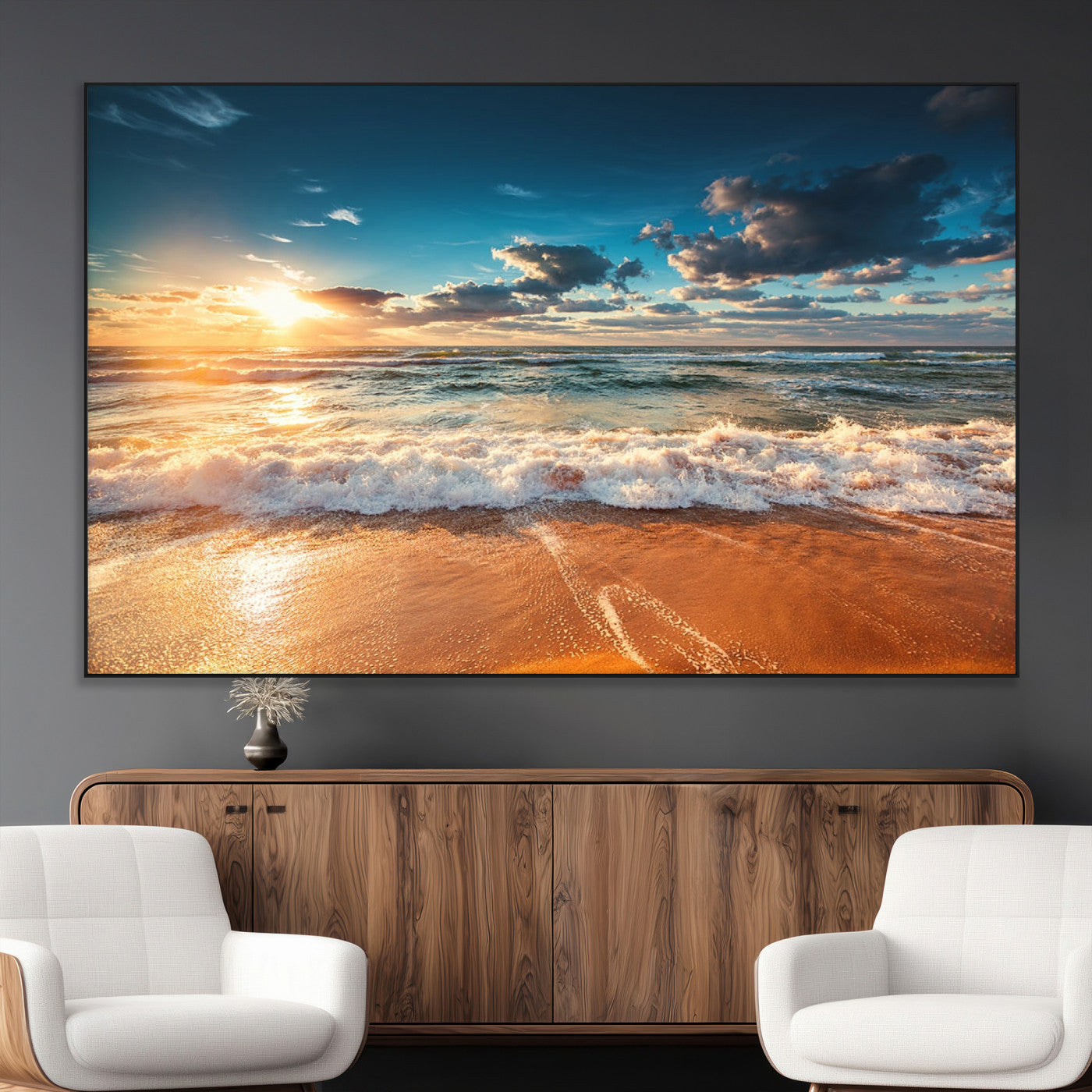 -Golden Sunset Beach Triptych Canvas Art, Giclee Coastal Wall Decor, Ocean Waves Print, Modern Beach
