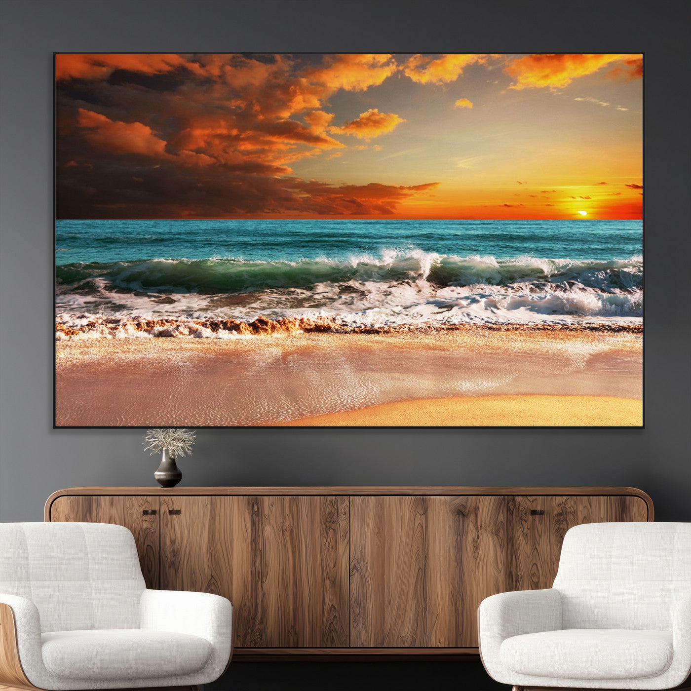 -Golden Sunset Beach Canvas Wall Art – Triptych Seascape Print – Framed and Ready to Hang for Living