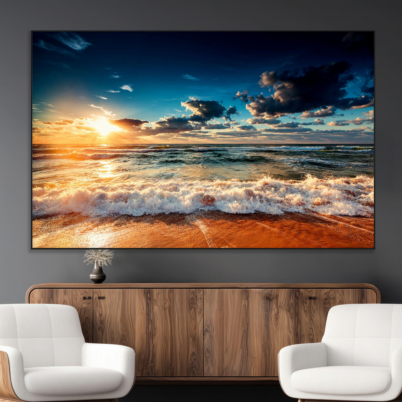 26996-MGV-CV-36X24-Golden Hour Sunset Over Ocean Waves Wall Art Canvas Print | 3 Panel Coastal Landscape Canvas Wall