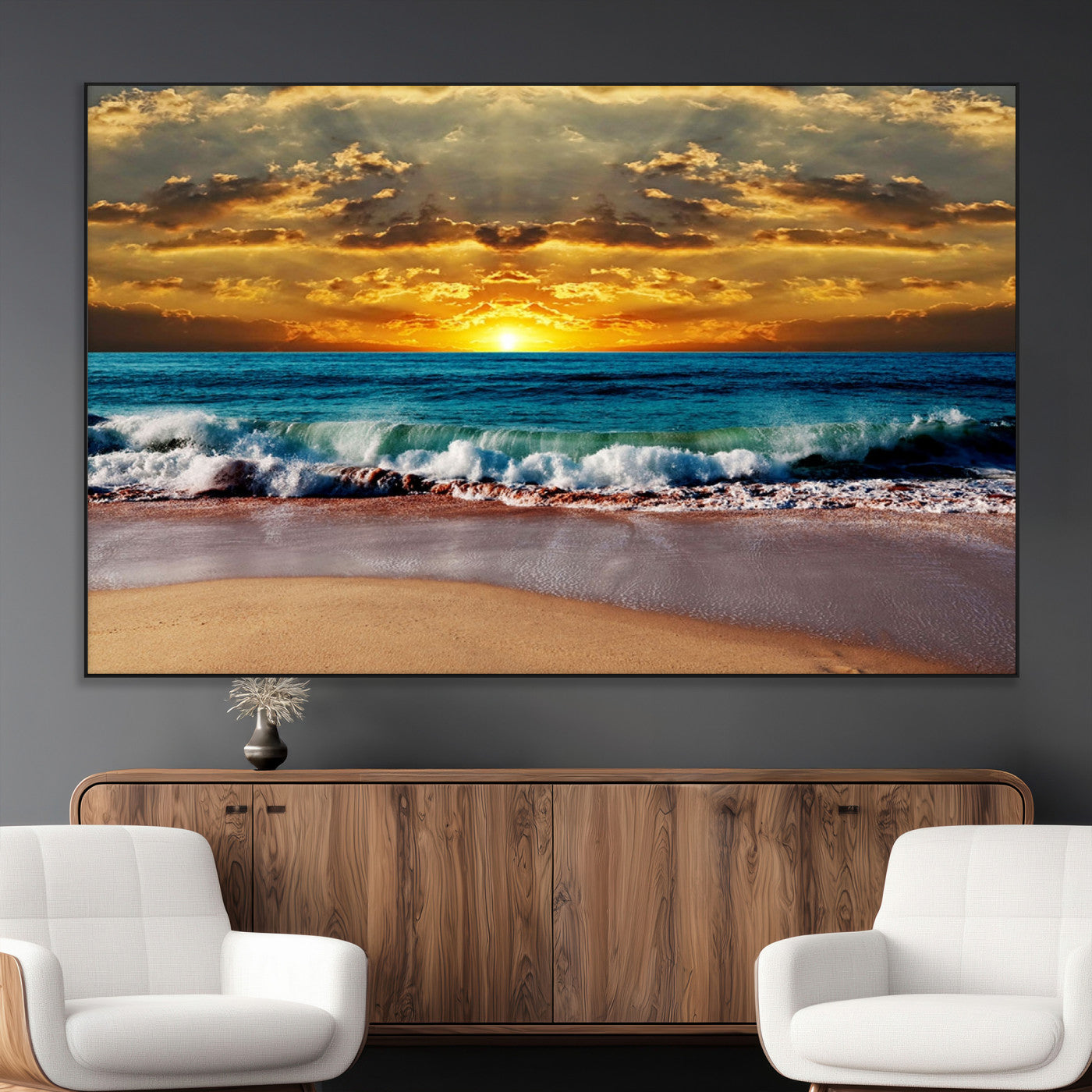 -Ocean Sunrise Over Golden Beach Waves, Giclee Canvas Wall Art Set, High-Quality Stretched Canvas