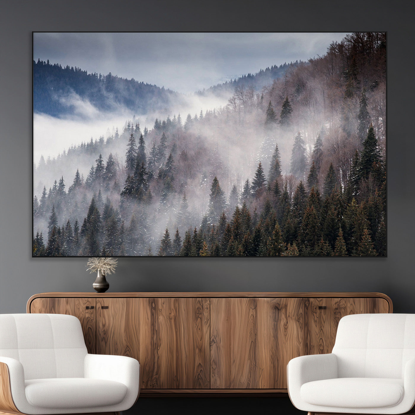 18459-MGV-CV-36X24-Beautiful Rising Fog in Winter Mountain Landscape- Framed Rising Fog in Winter Mountain Canvas