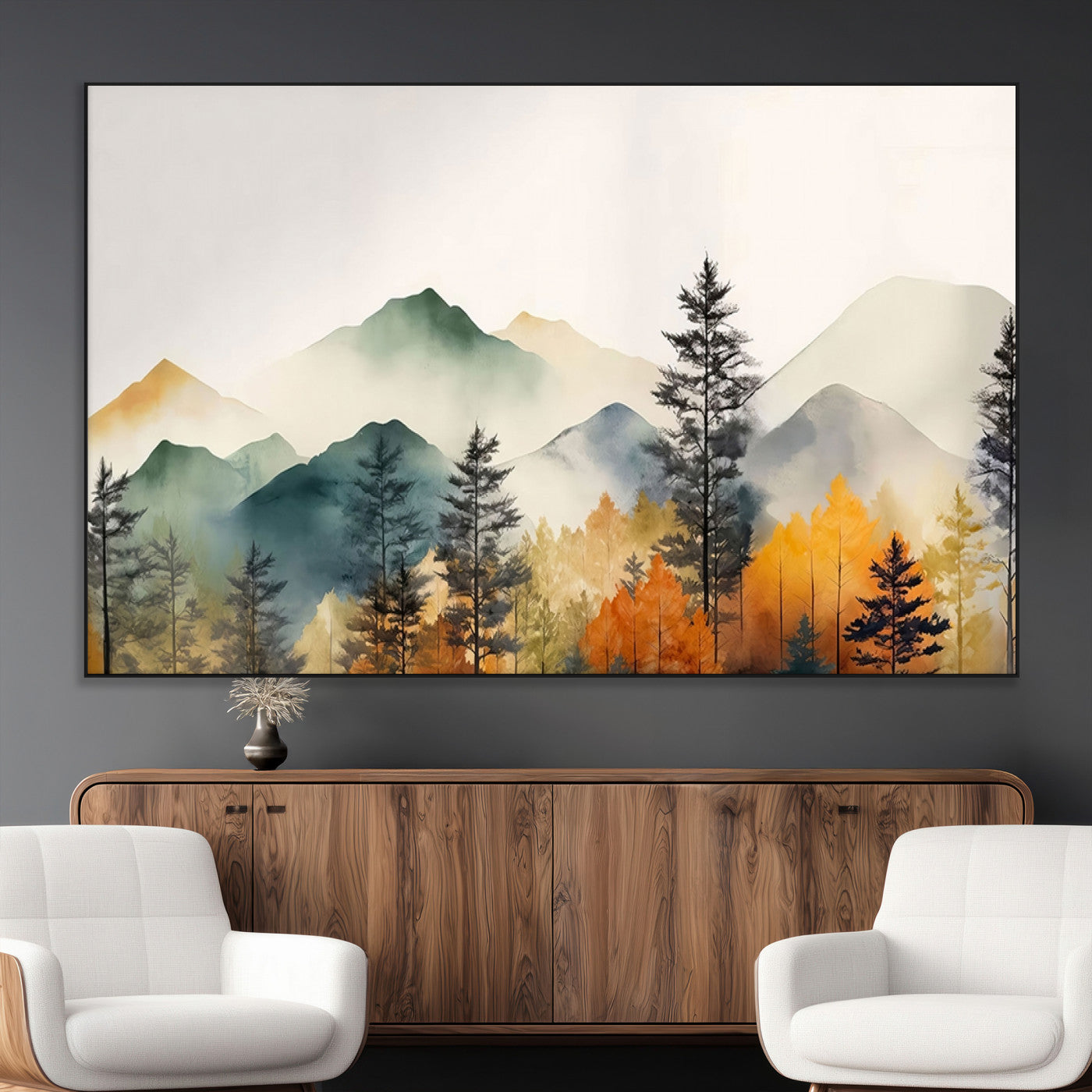 25689-MGV-CV-36X24-Abstract Watercolor Mountains and Trees Autumn Wall Art, Mountains and Trees Autumn Wall Art Canvas