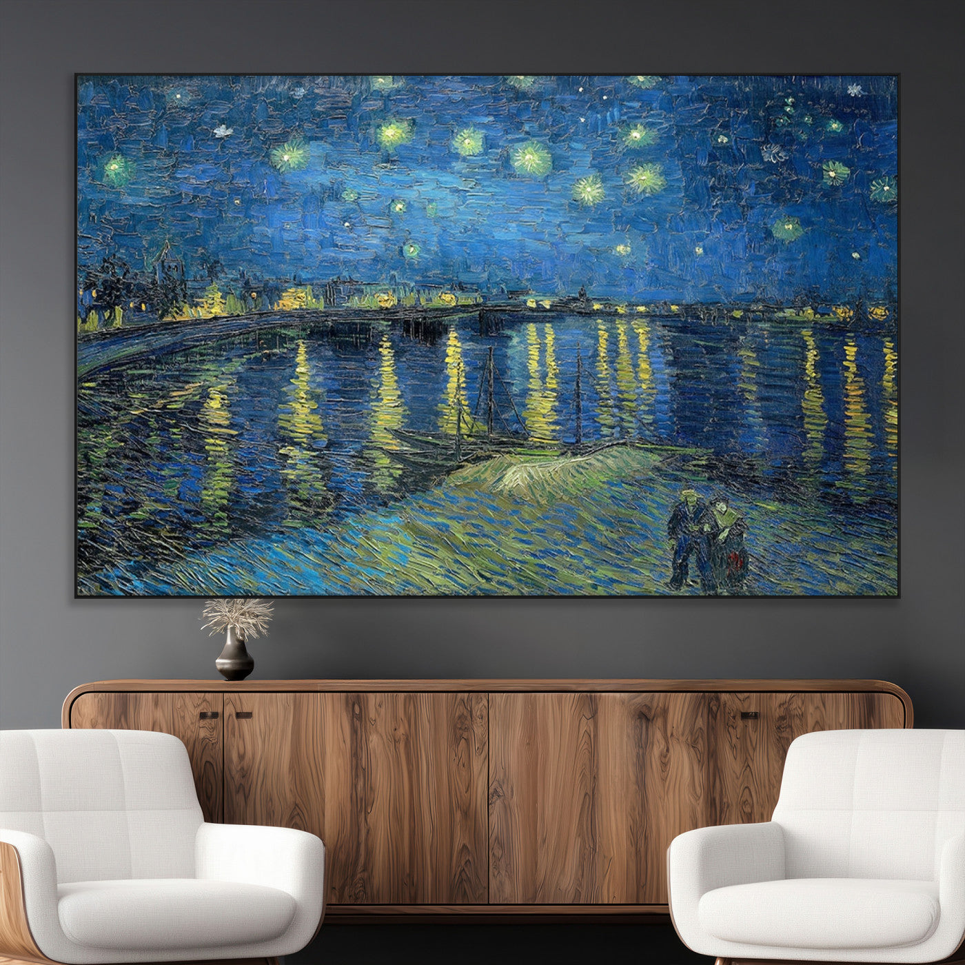 94605-MGV-CV-36X24-Vincent van Gogh Starry Night over the Rhone Abstract Wall Art Canvas, Starry Night Canvas Print