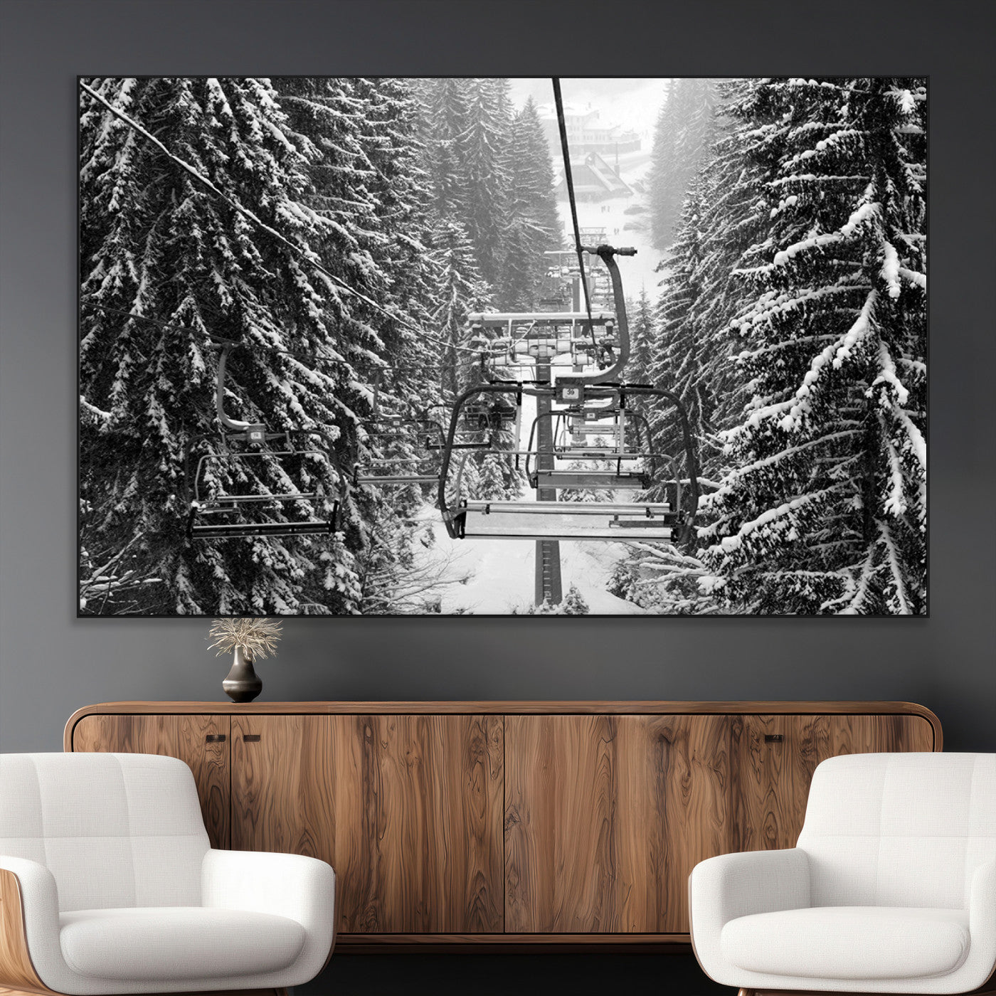 19240-MGV-CV-36X24-Winter Ski Lift Black and White Canvas Wall Art – Alpine Escape in Minimalist Style – Winter Ski
