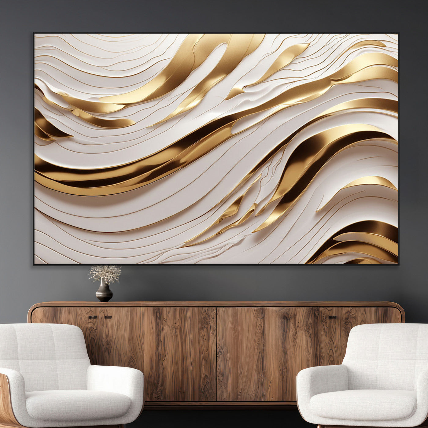 81197-MGV-CV-36X24-Gold and White Abstract Wave Canvas – Elegant Flowing Design with Luxurious Golden Accents –