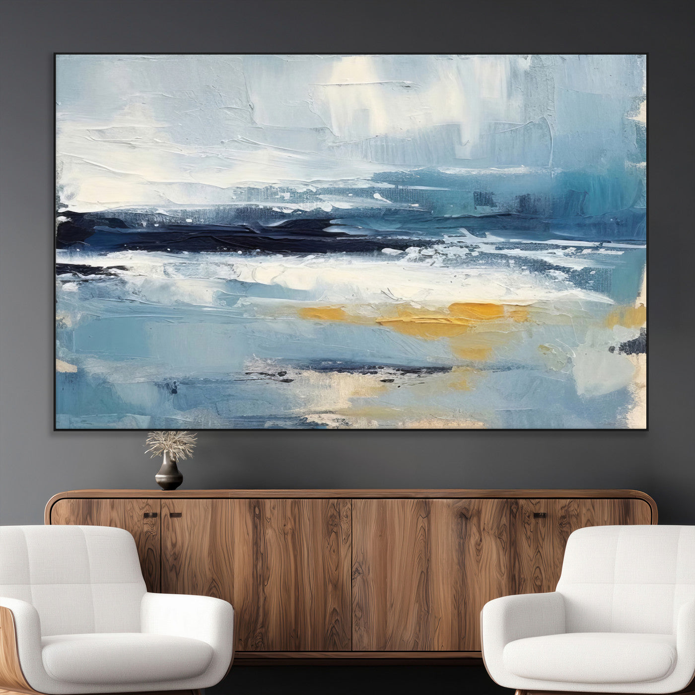 19746-MGV-CV-36X24-Abstract Ocean Canvas Wall Art - Coastal Blue and Gold Textured Painting, Modern Seascape Decor for
