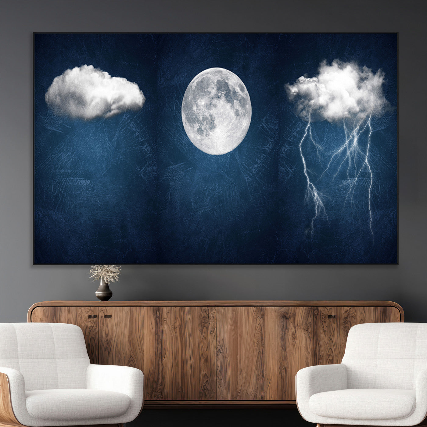 96569-MGV-CV-36X24-Dark Blue Cloud Art, 3 Piece Indigo Blue Wall Art, Aesthetic Surreal Art, Thunderstorm Moon Cloud