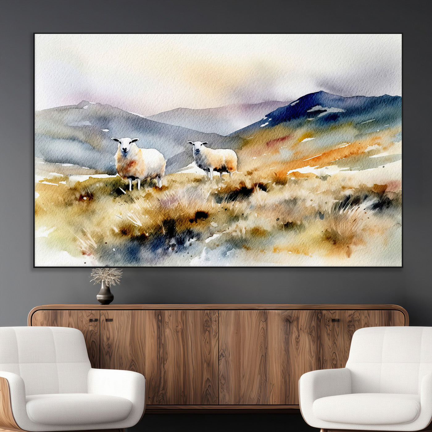 -Watercolor Sheep for Farmhouse Decor Wall Art Canvas Print, Mountain Wall Art Print