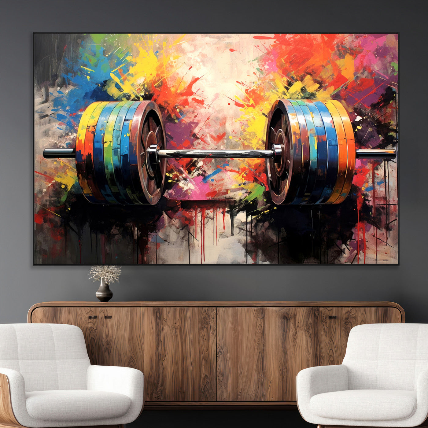 80436-MGV-CV-36X24-Weightlifting Barbell Art Triptych, Bold Abstract Fitness Wall Decor for Gym or Home, Giclee Canvas