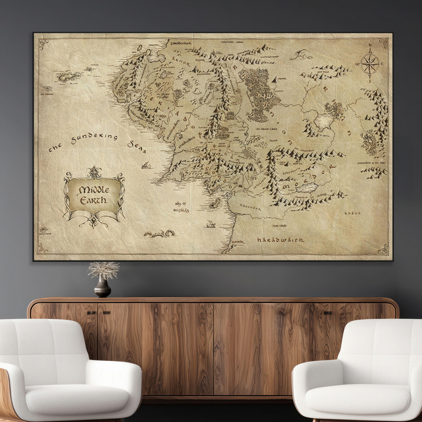 21784-MGV-CV-36X24-Vintage Middle Earth Map Wall Art Canvas – Lord of the Rings Inspired Framed Map Print, Classic Fantasy Decor for Home, Office