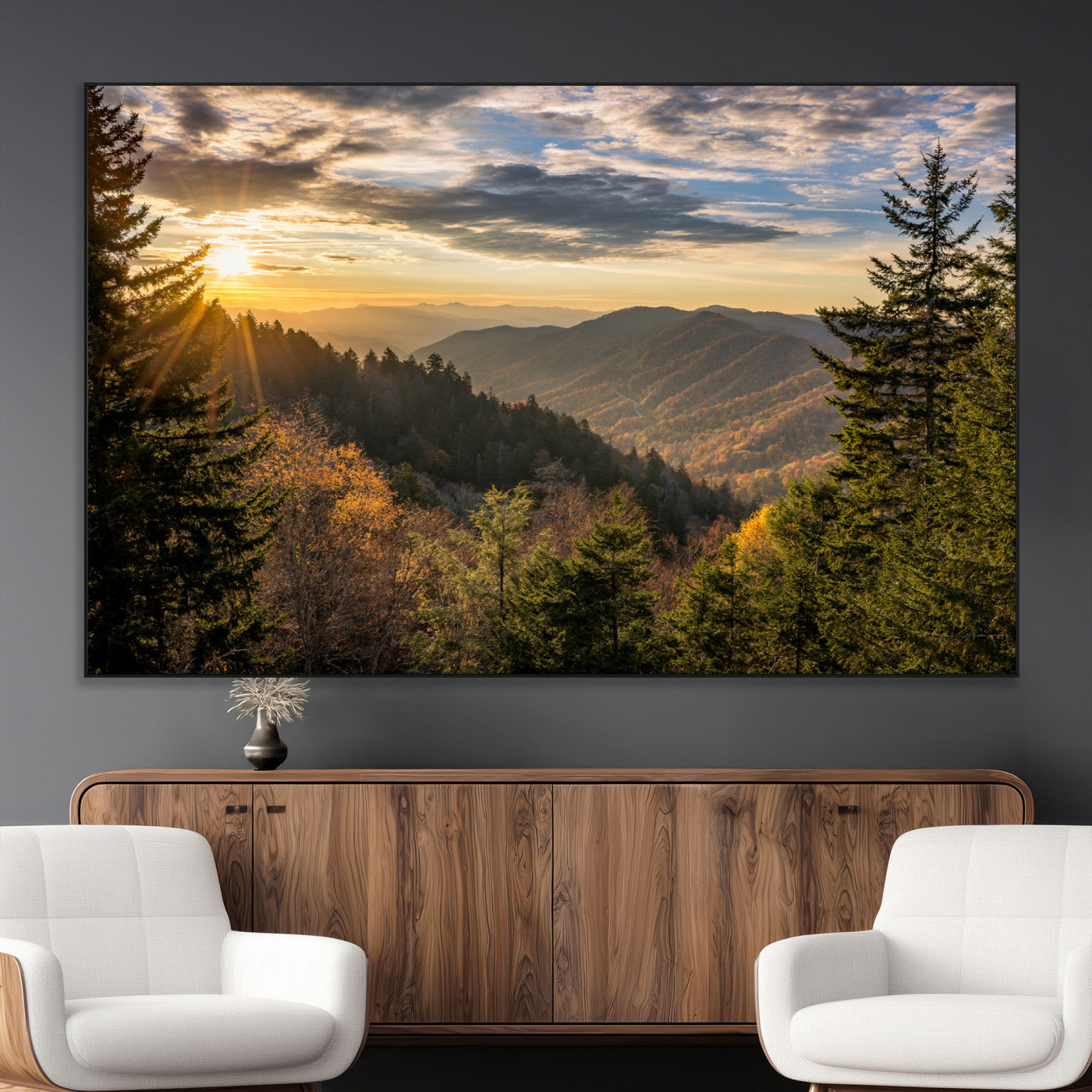 73692479-MGV-CV-36X24-Sunrise Over the Smoky Mountains Canvas Wall Art – Breathtaking Scenic Landscape Photography in a