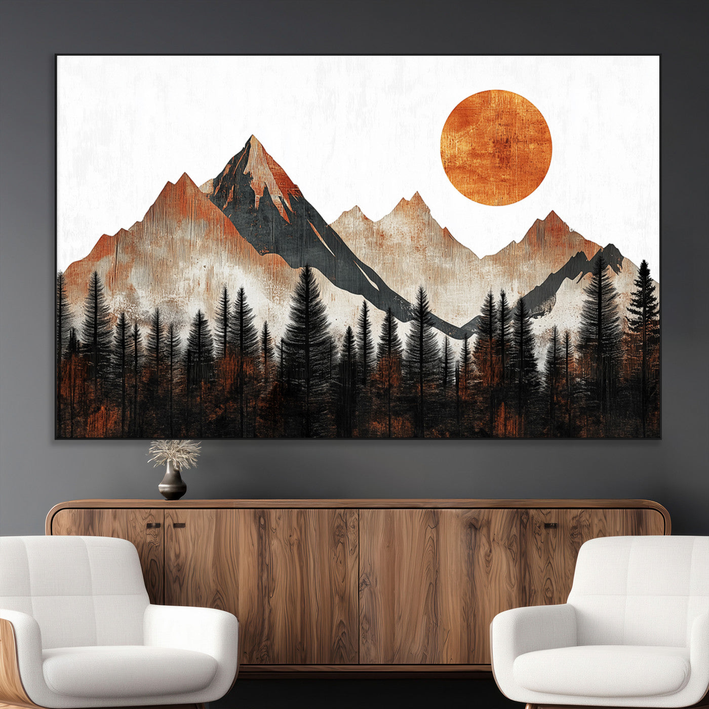 71366-MGV-CV-36X24-Modern Abstract Mountain Canvas Wall Art Print, Abstract Landscape Print, Rustic Sun and Mountains