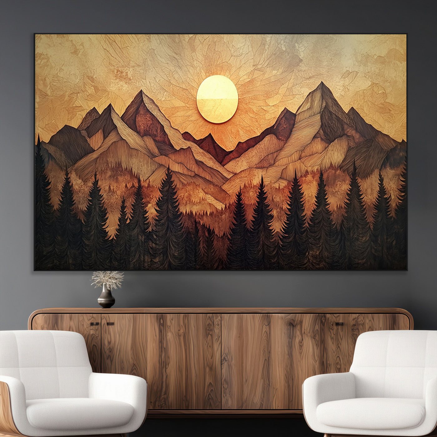 71340-MGV-CV-36X24-Wood Style Abstract Mountain Sunset Canvas Wall Art Print - Warm Earth Nature-Inspired Decor for