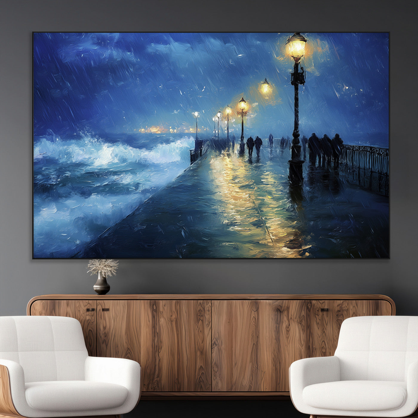 94571-MGV-CV-36X24-Storm Ocean Pier Canvas Wall Art Print - Large Moody Night Scene Print, Seaside Wall Decor