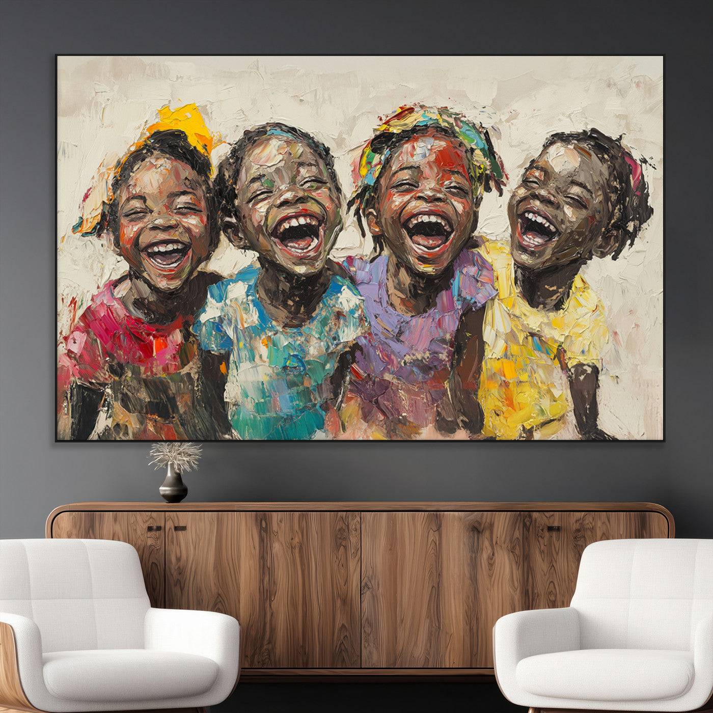 93034-MGV-CV-36X24-Shai Yossef style Joyful Childhood Canvas Wall Art - Expressive Impasto Painting of Black Children