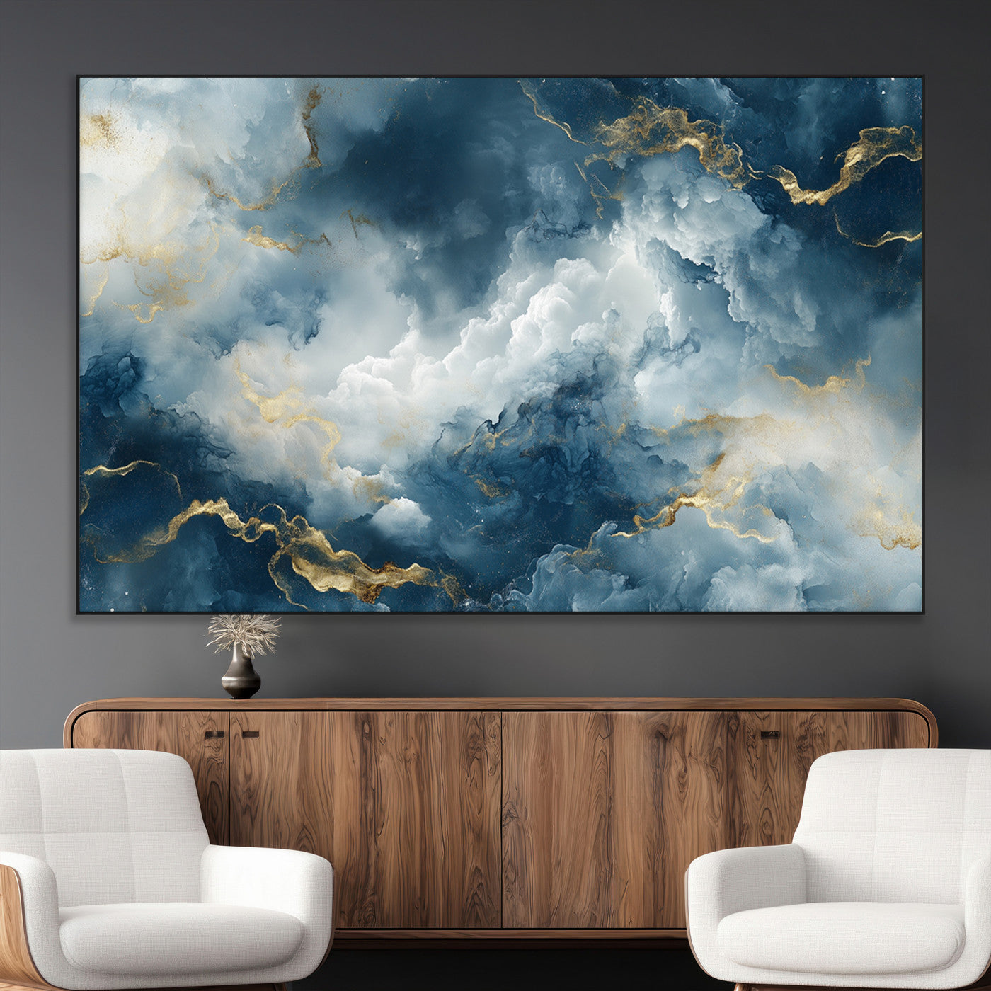 48298-MGV-CV-36X24-Large Abstract Print - Luxe Blue and Gold Abstract Canvas Wall Art - Bold Cloudscape Canvas for