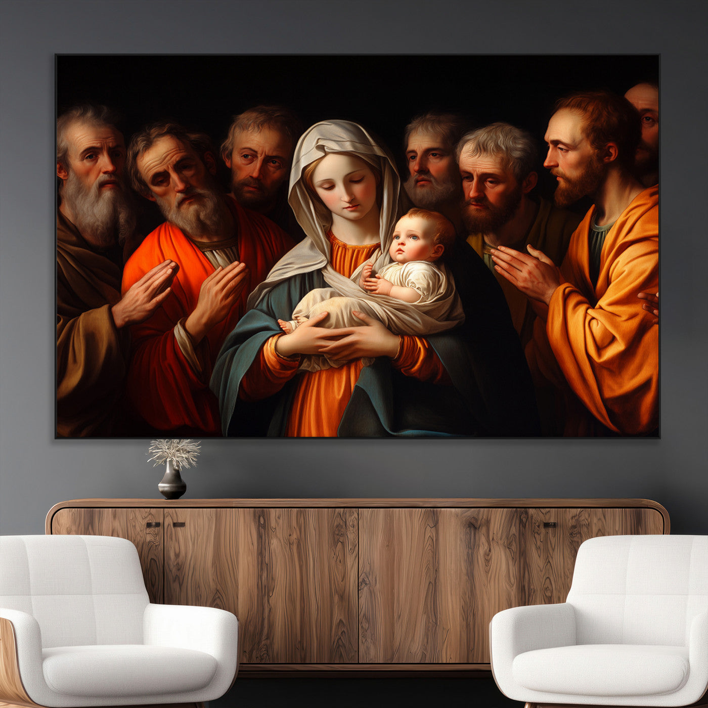 SEG-FC-51X34_Oversize - Religious Canvas Wall Art Print - Madonna and Child with Apostles Art Print - Classic Christian