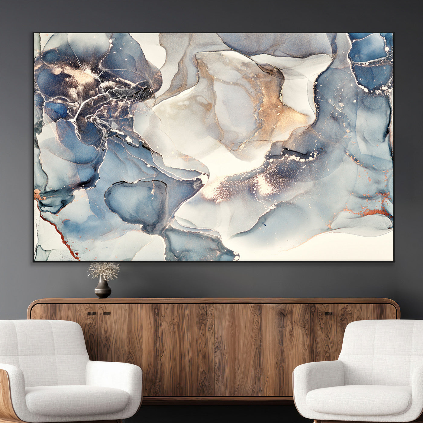 51497-MGV-CV-36X24-Abstract Blue and Gold Canvas Wall Art - Fluid Modern Ink Artwork - Modern Luxury Wall Decor for