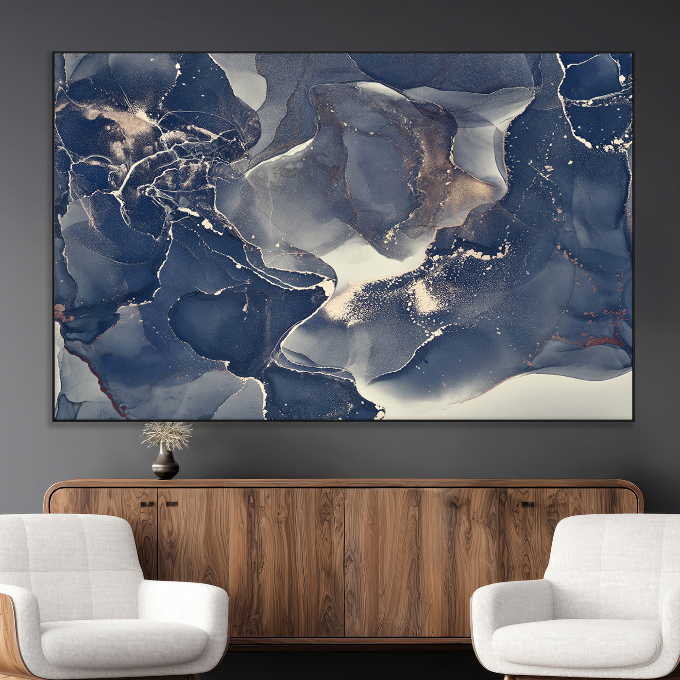 28282-MGV-CV-36X24-Large Abstract Blue and Gold Canvas Wall Art | Fluid Ink Artwork Print | Luxury Wall Decor for