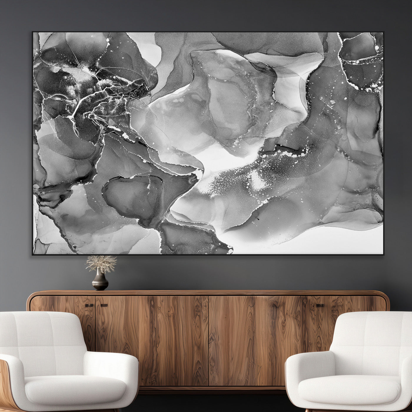 15911-MGV-CV-36X24-Black White Abstract Canvas Wall Art - Fluid Ink Artwork - Modern Luxury Wall Decor for Contemporary