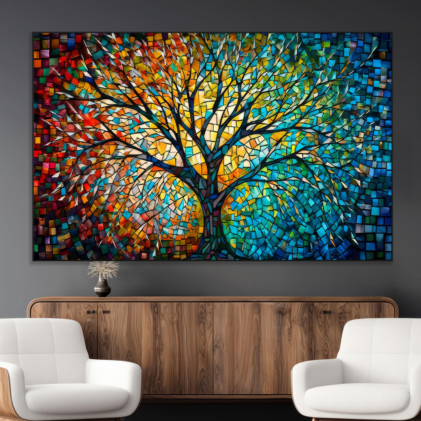 99325-MGV-CV-36X24-Yggdrasil Tree of Life Wall Art Print Canvas | Mosaic Style 3-Panel Canvas Print