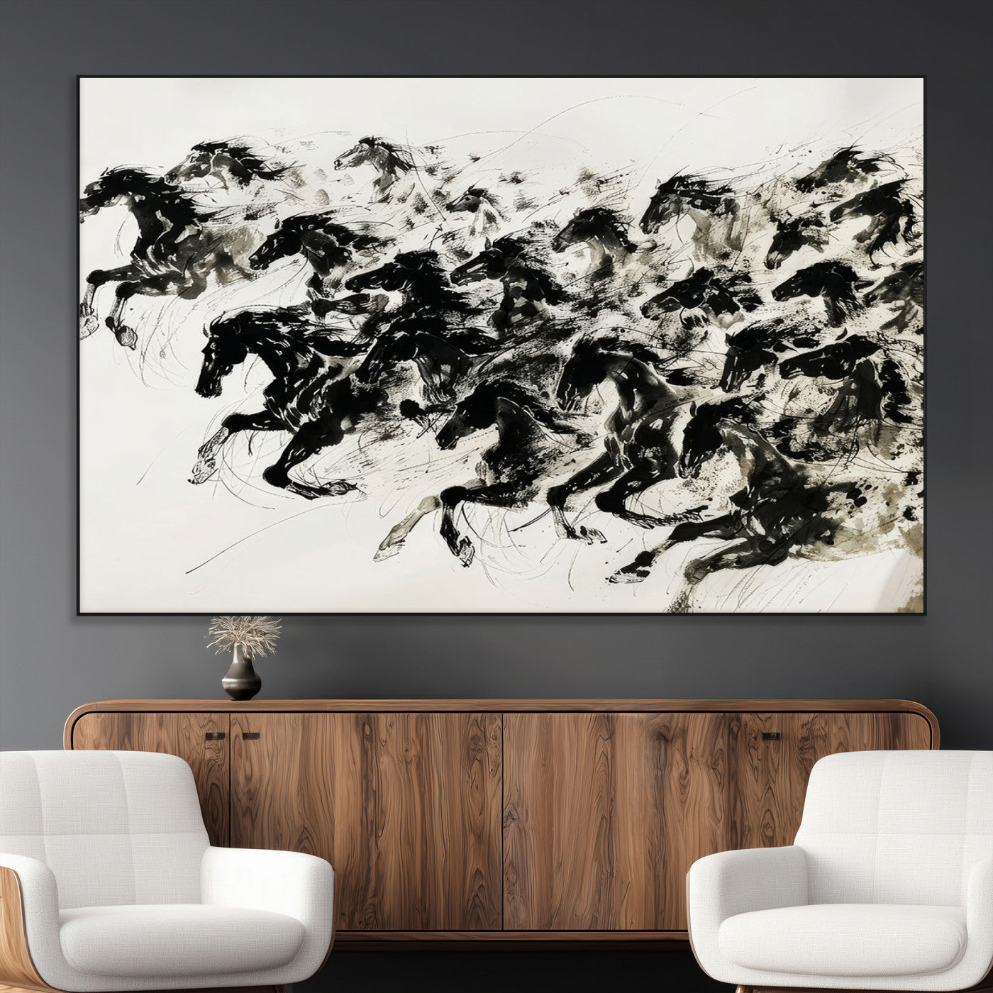 23069-MGV-CV-36X24-Abstract Horse Wall Art Canvas Print - Dynamic Black Ink Horse Print - Modern Equine Wall Decor for