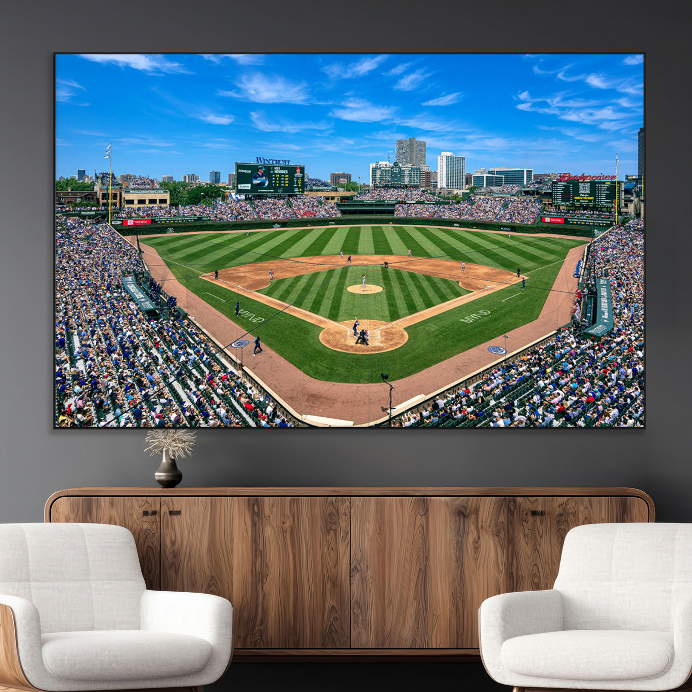 26064-MGV-CV-36X24-Wrigley Field Chicago Cubs Wall Art Canvas Print Framed Panoramic Multi-Piece Iconic Baseball Stadium Artwork for Home, Office