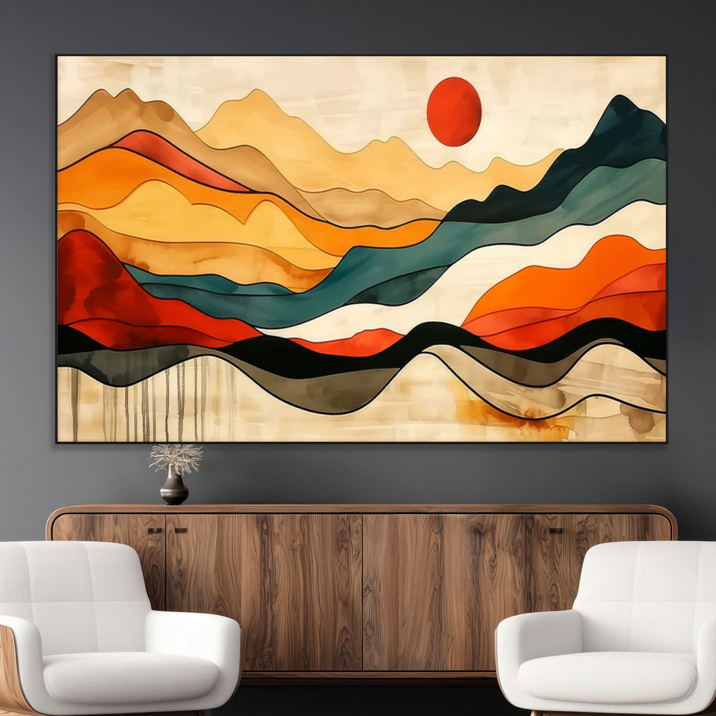 23241-MGV-CV-36X24-Mid Century Wall Art Print - Abstract Woodland Print - Modern Art Panoramic Mountain Wall Art