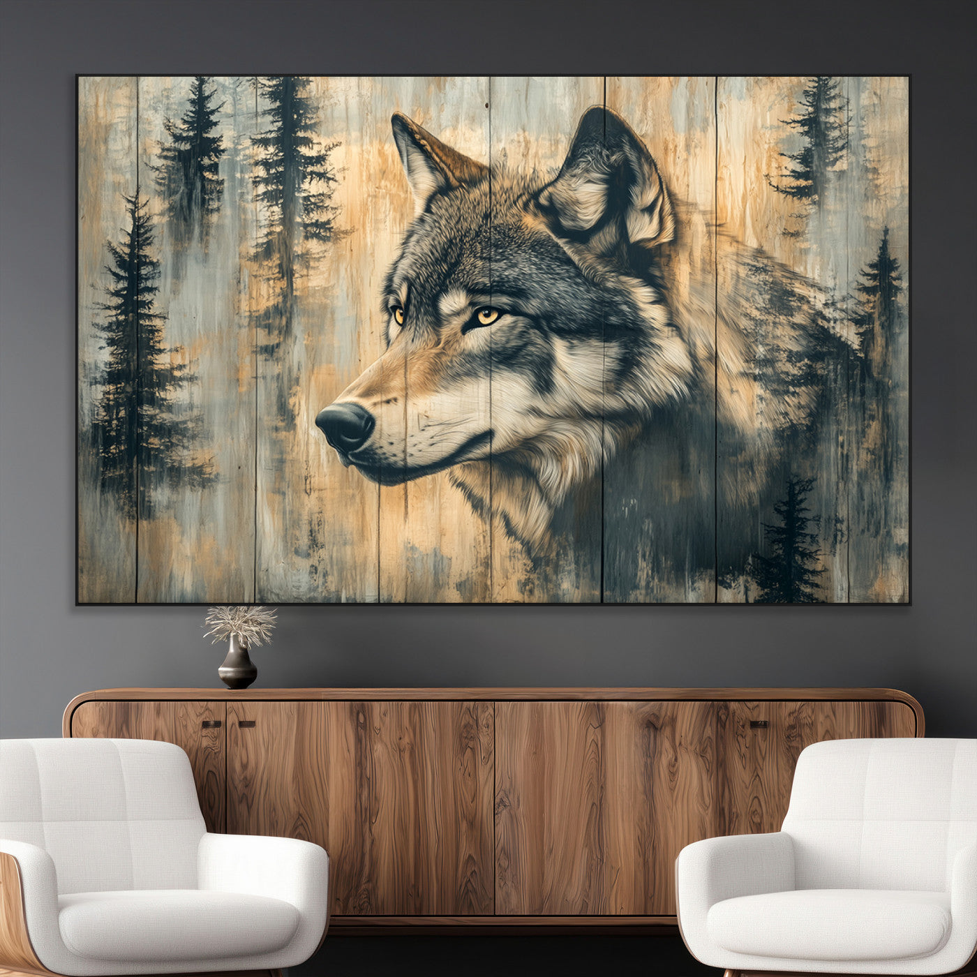 51892-MGV-CV-36X24-Wood Style Rustic Wolf Wall Art Canvas Print, Vintage Woodland Wolf Wall Art, Framed Wood Style Wolf
