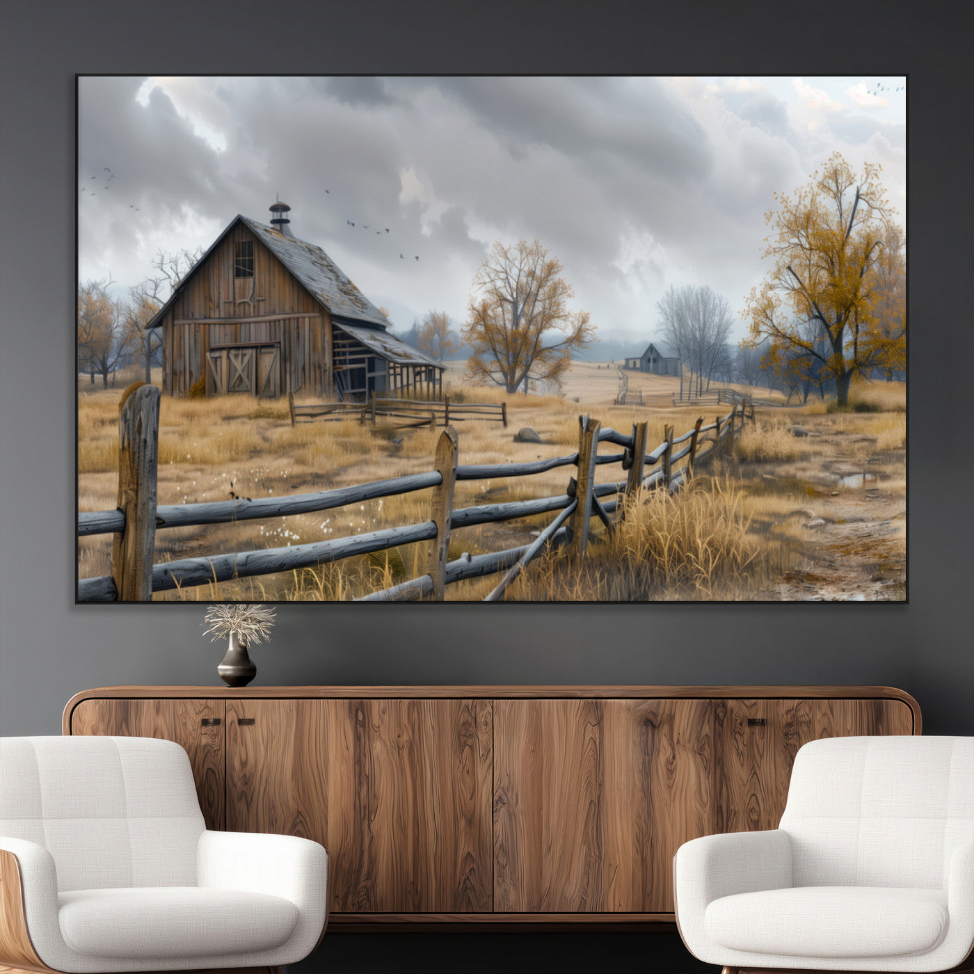 Farm1-MGV-CV-36X24-Rustic Autumn Farmhouse Wall Art Canvas Print – Serene Countryside Scene with Weathered Barn and