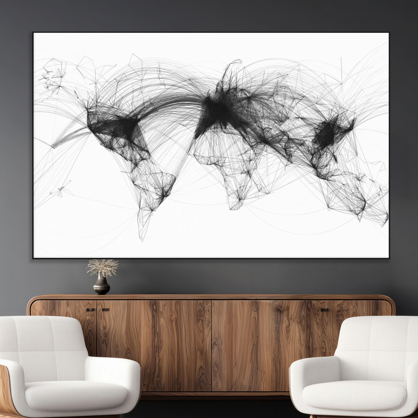 Black-Flight-Routes-MGV-CV-36X24-Flight Routes Air Traffic Map Canvas Wall Art - Framed - Ready to Hang