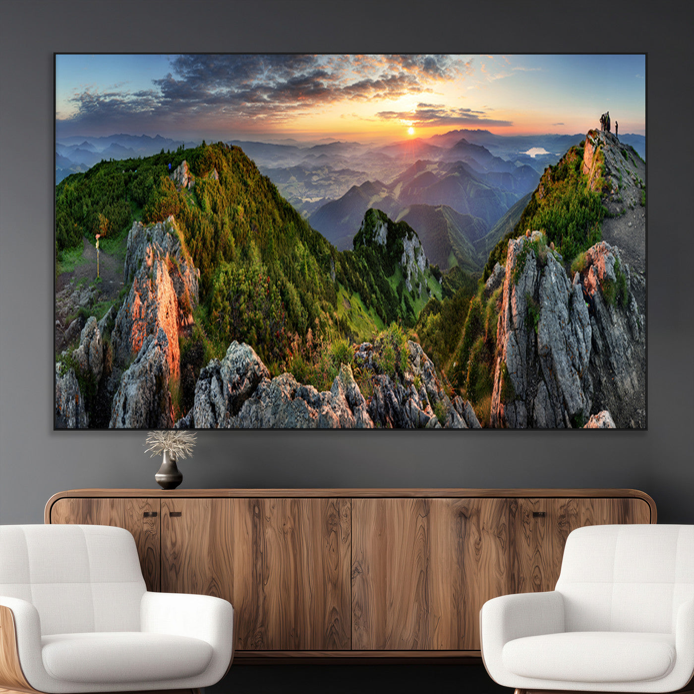 51582565-MGV-CV-36X24-Mountain Sunset Panoramic Wall Art Canvas Print – Framed Scenic Wilderness Scene with Majestic Summit Artwork for Home, Office
