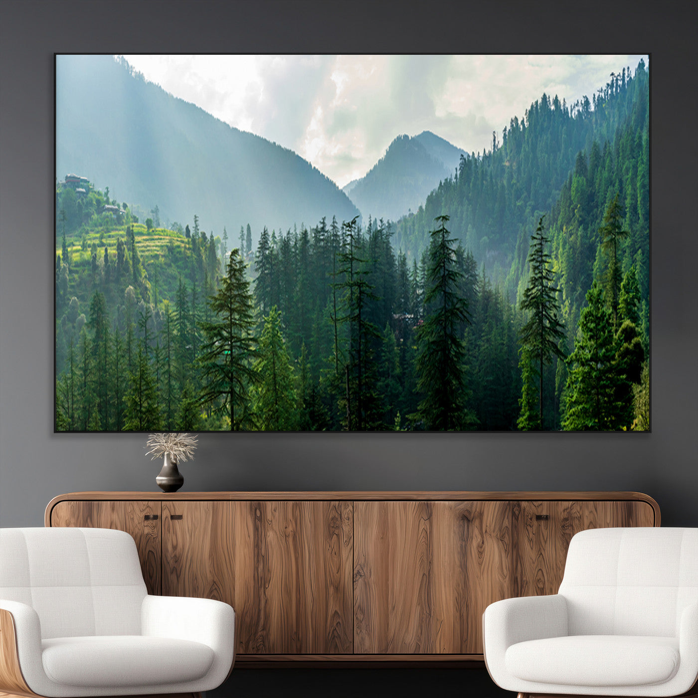 83417191-MGV-CV-36X24-Misty Forest Mountain Wall Art Canvas Print – Framed Serene Nature Scene with Tranquil Valley Artwork for Home, Office