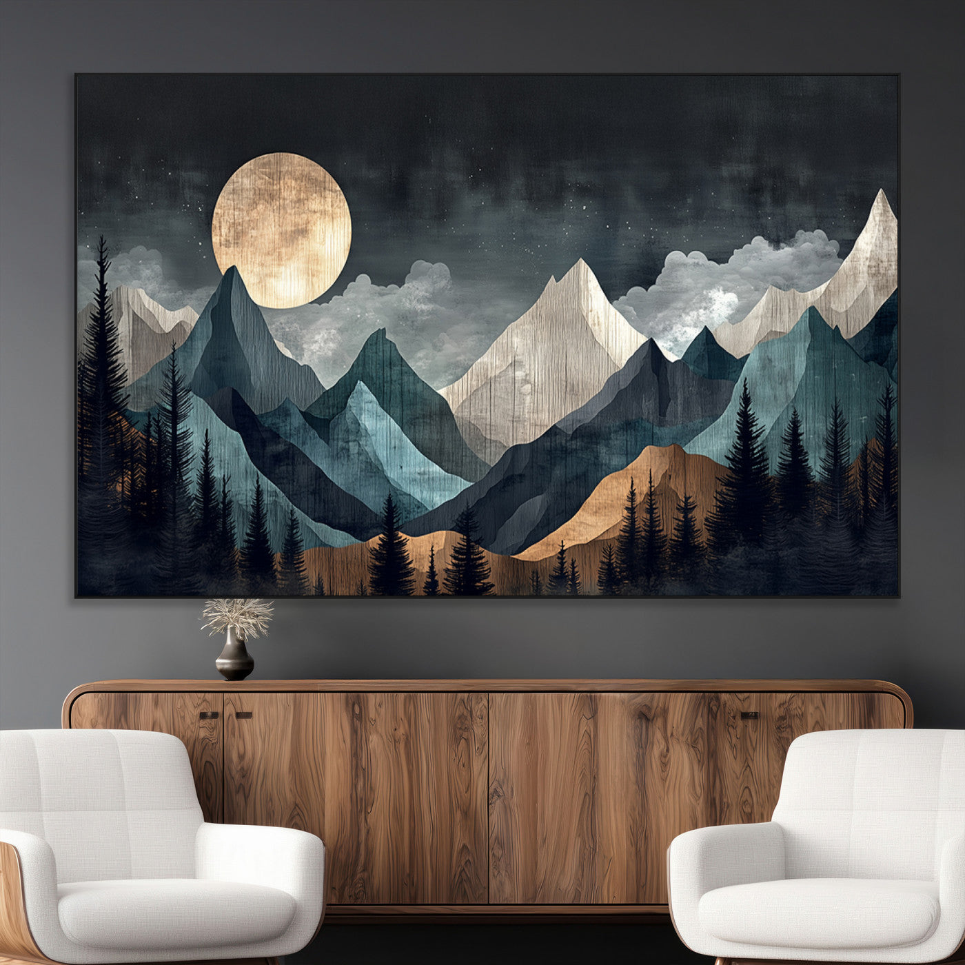 11060882-MGV-CV-36X24-Moonlit Mountain Wall Art Canvas Print – Silhouetted Pines Layered Peaks Tranquil Sky Mist Silver Light Nature Artwork for Home