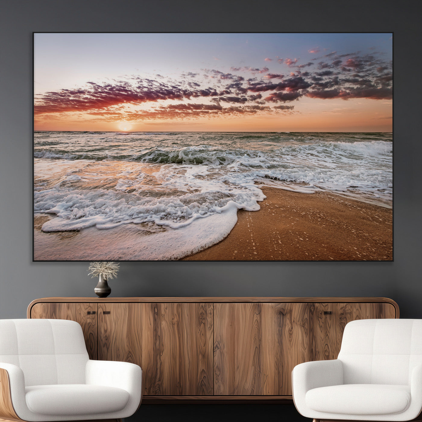 39846389-MGV-CV-36X24-Ocean Sunset Wall Art Canvas Print – Framed Sandy Shore Gentle Waves Coastal Landscape Minimalist Artwork for Home, Office