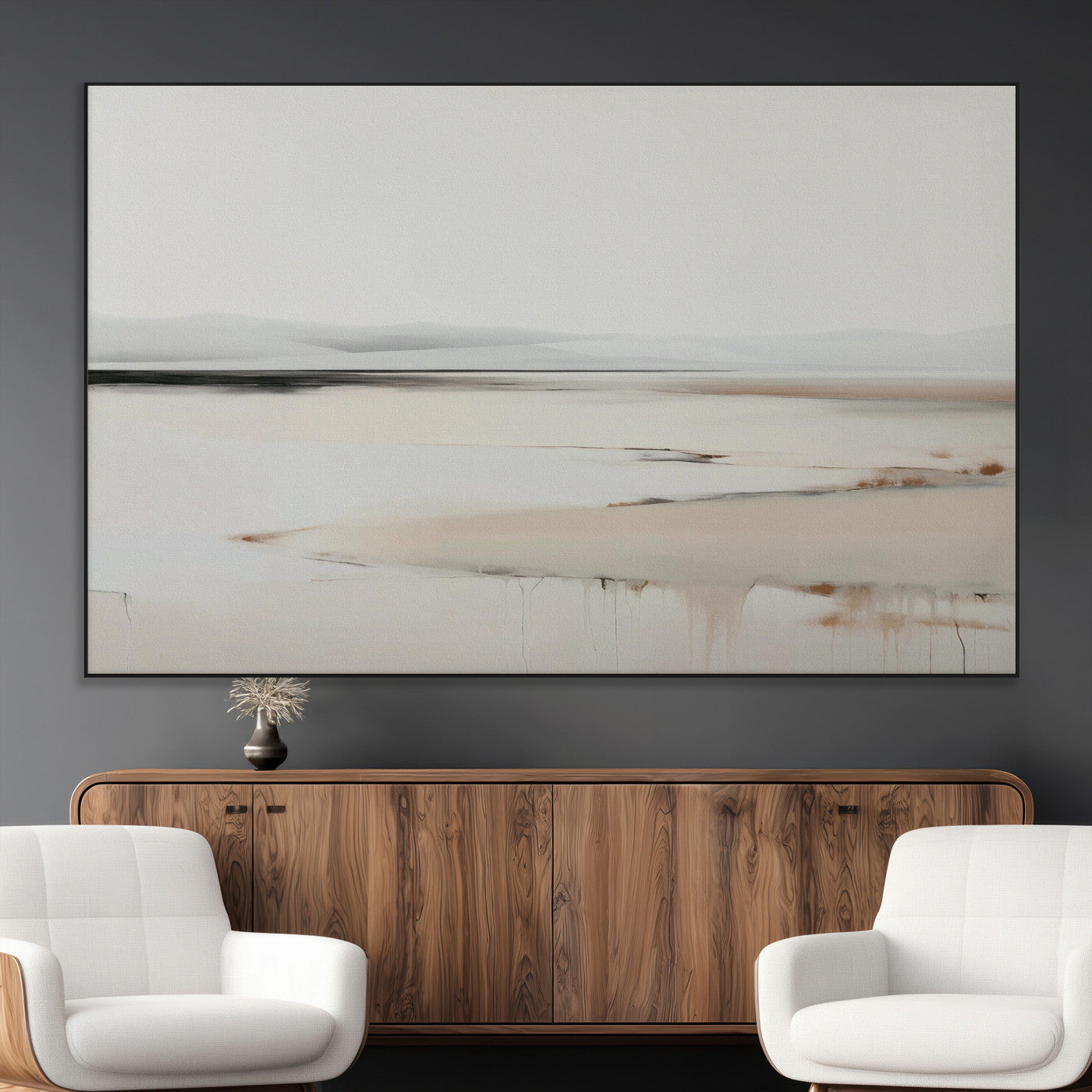 89410095-MGV-CV-36X24-Minimalist Landscape Wall Art Canvas Print – Framed Soft Horizon Abstract Seascape Earthy Tones Artwork for Home Office